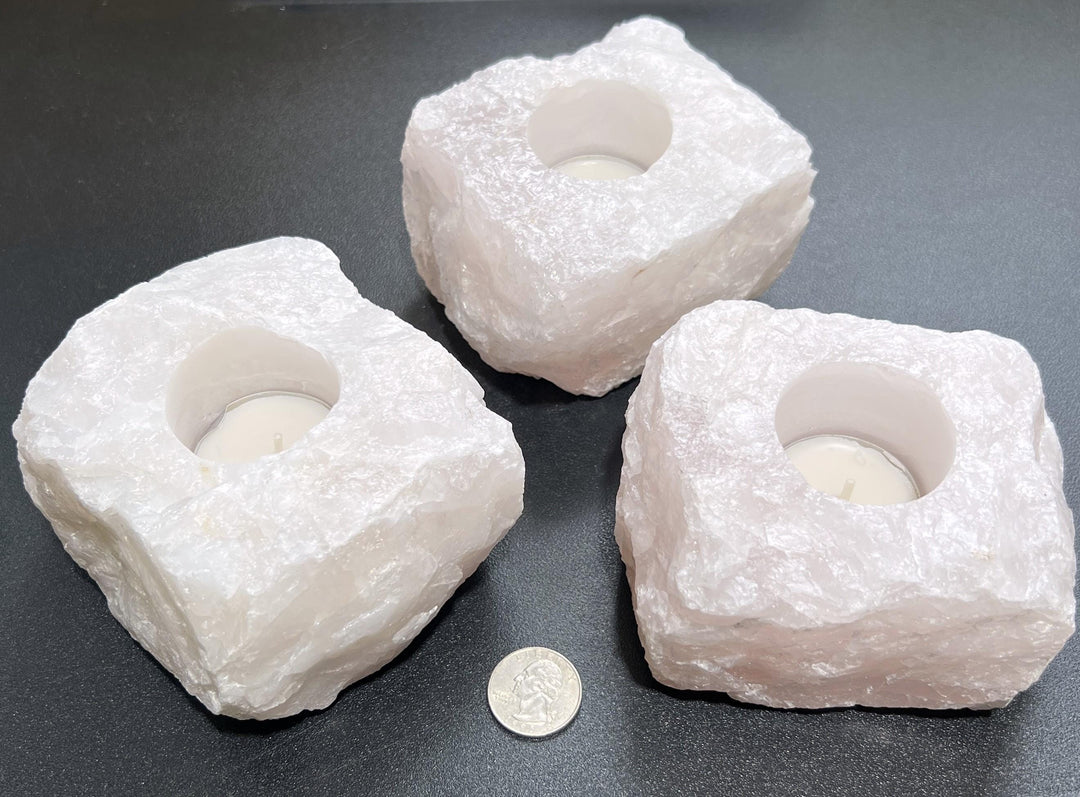 Pink Rose Quartz Crystal Tealight Candle Carving