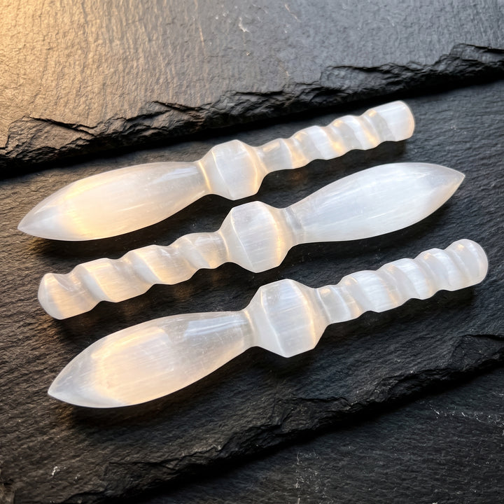 Selenite Satin Spar Crystal Decorative Knife Sword Dagger Spiral (7-8 Inches) Carving