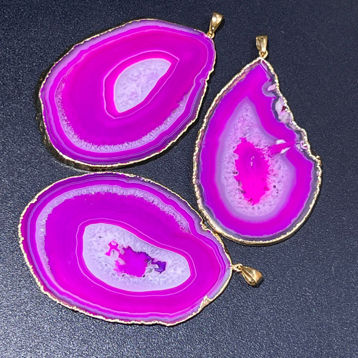 Large Pink Agate Slice Geode Crystal Pendant (Gold Plated) Wholesale