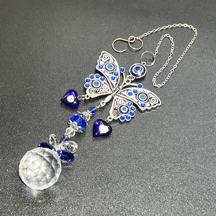 Silver Butterfly Blue Eye Sun catcher Gemstone Crystal Carving