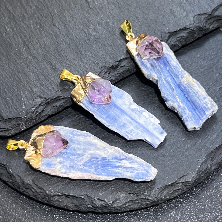 Kyanite And Amethyst Crystal Pendant (Gold Electroplated)