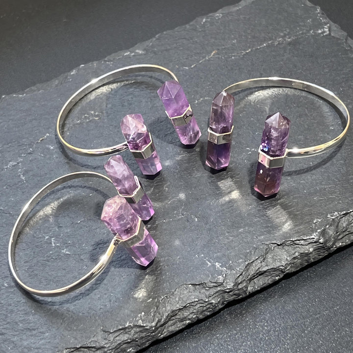 Amethyst Crystal Point Adjustable Cuff Bangle Bracelet (Silver Electroplated)