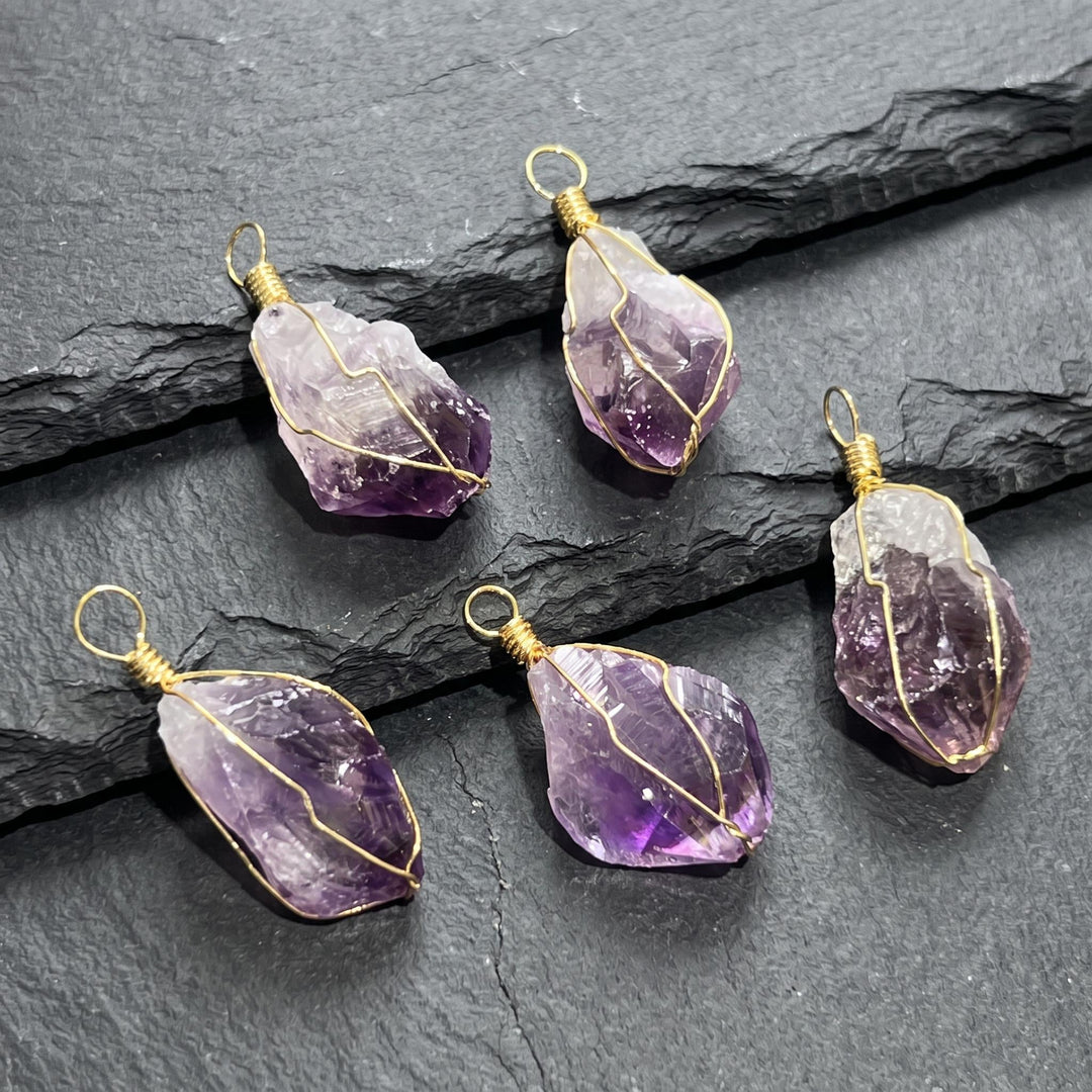Amethyst Crystal Raw Point Pendant (Gold Plated Wire Wrapped)