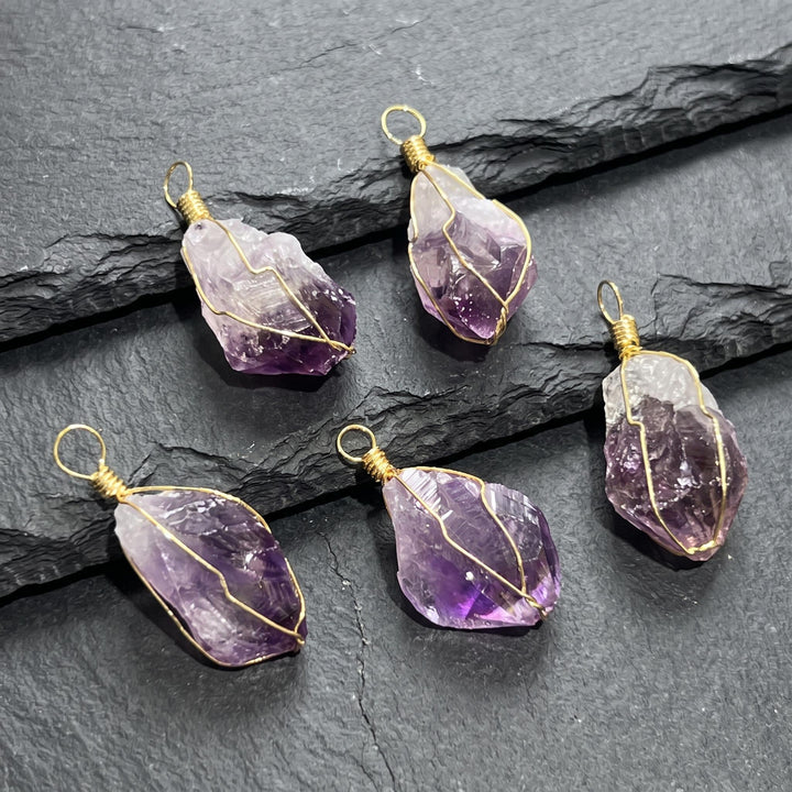 Amethyst Crystal Raw Point Pendant (Gold Plated Wire Wrapped)