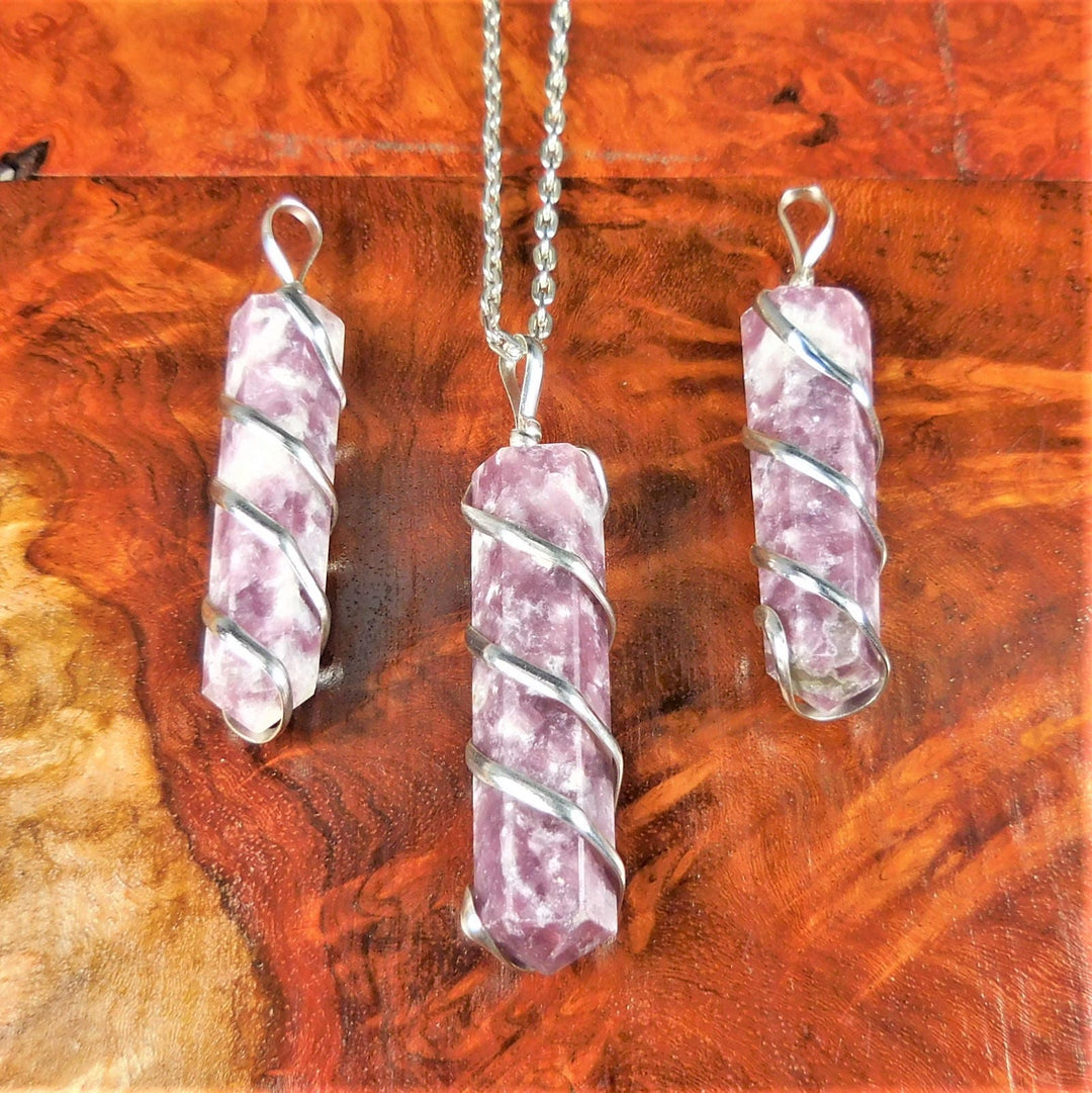 Lepidolite Necklace - Natural Gemstone Point Pendant - Silver Spiral Wire Wrapped Crystal CR4