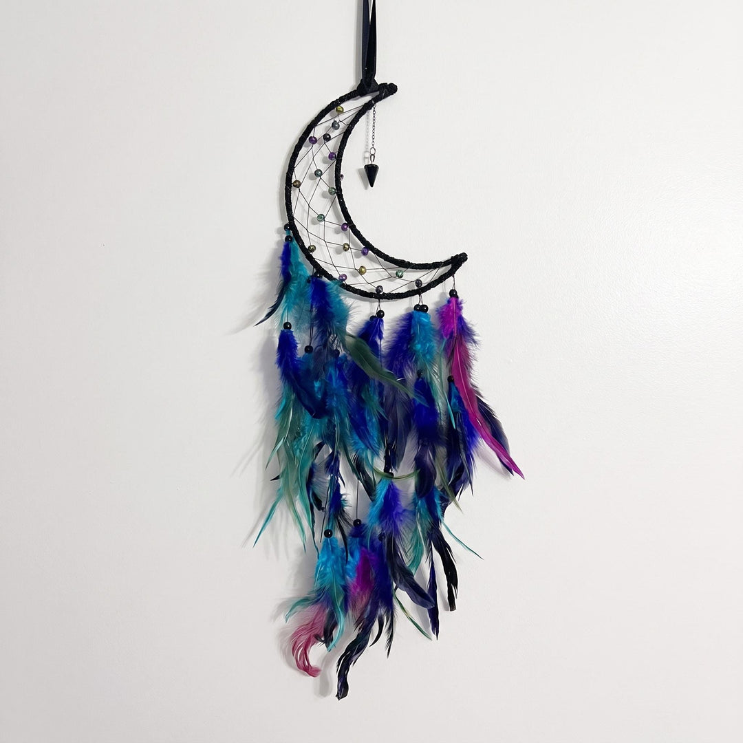 Moon Shaped Dreamcatcher with Black Frame and Purple Blue Feathers (24 Inches)