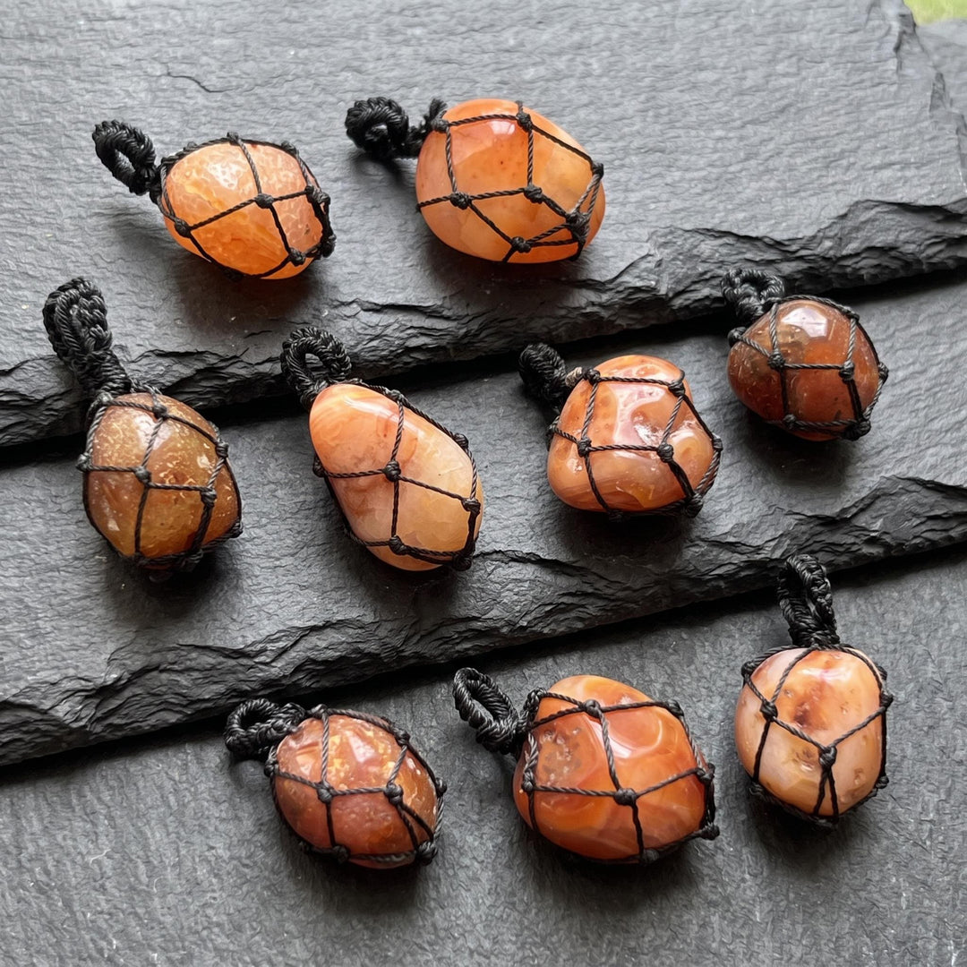 Red Carnelian Agate Crystal Pendant (Fish Net Wrap)