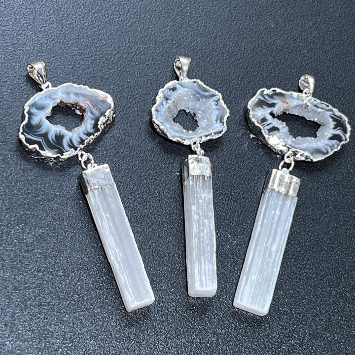 Selenite and Geode Crystal Pendant (Silver Plated)