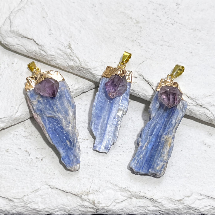 Kyanite And Amethyst Crystal Pendant (Gold Electroplated)