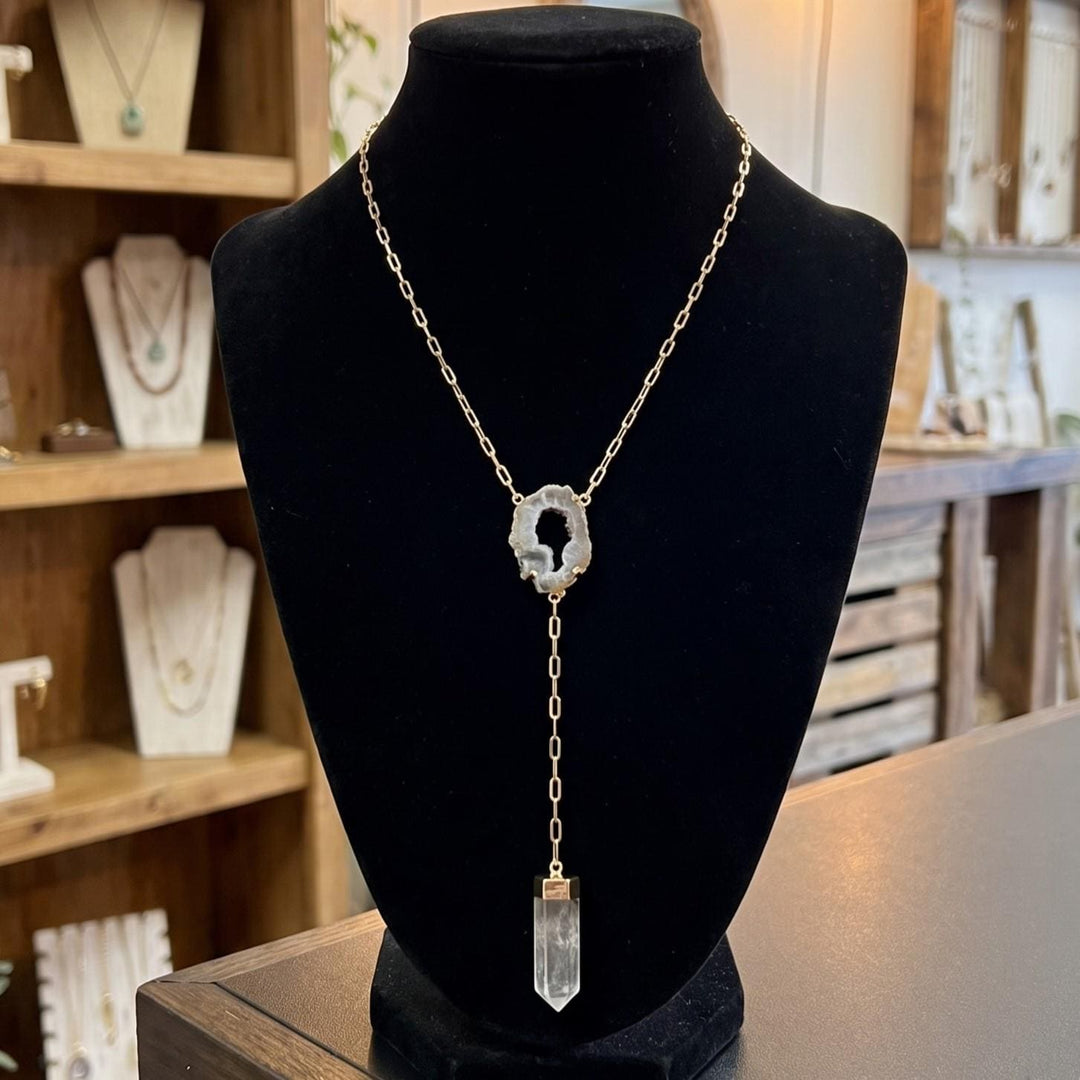 Quartz and Oco Geode Extra Long Lariat Y Drop Necklace Pendant (Gold Plated)