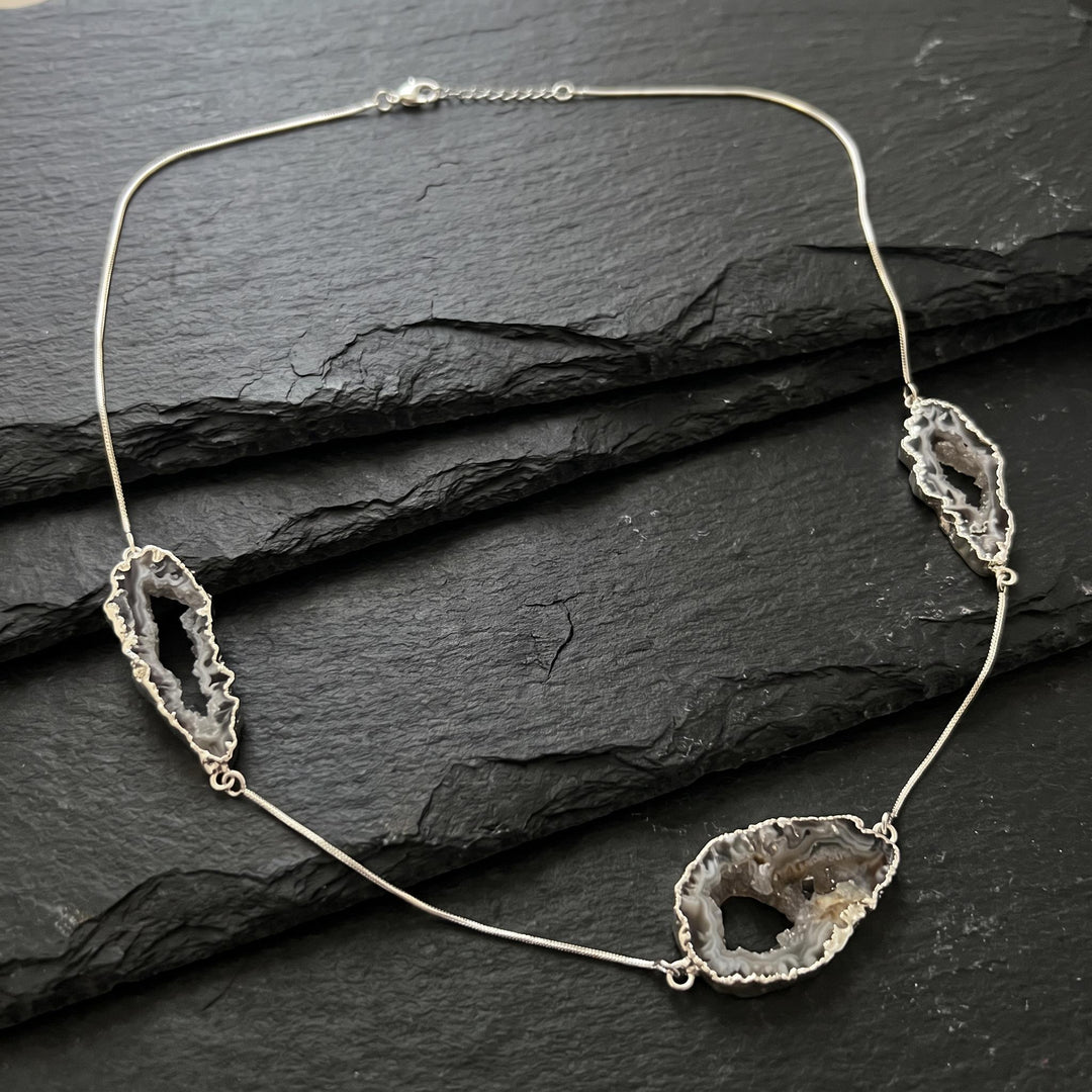 Oco Geode Druzy Crystal Long 35 Inch Necklace with Pendant (Silver Plated Snake Chain)