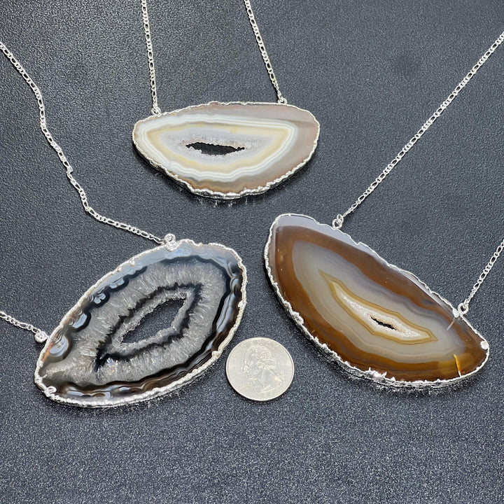 Choker Agate Slice Necklace Pendant (Silver Plated Edges)