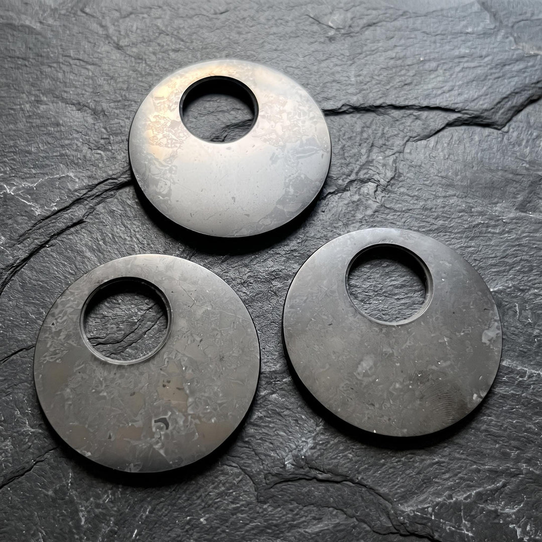 Large 2 Inch Black Shungite Offset Circle Disc Hoop Bead Pendant