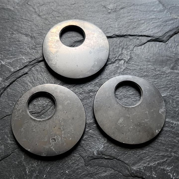 Large 2 Inch Black Shungite Offset Circle Disc Hoop Bead Pendant