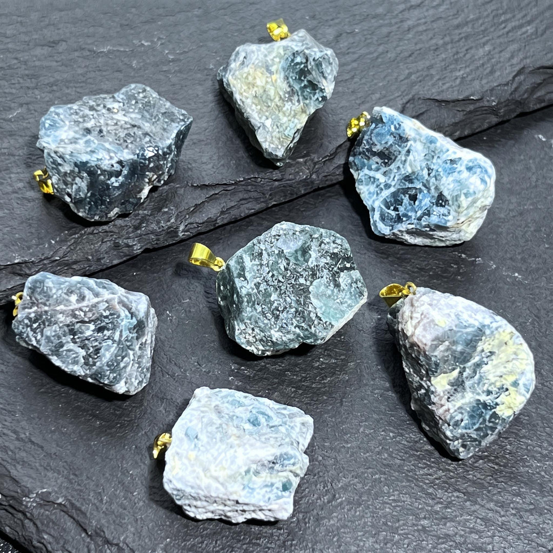 Blue Apatite Rough Raw Crystal Pendant (Gold Bail)