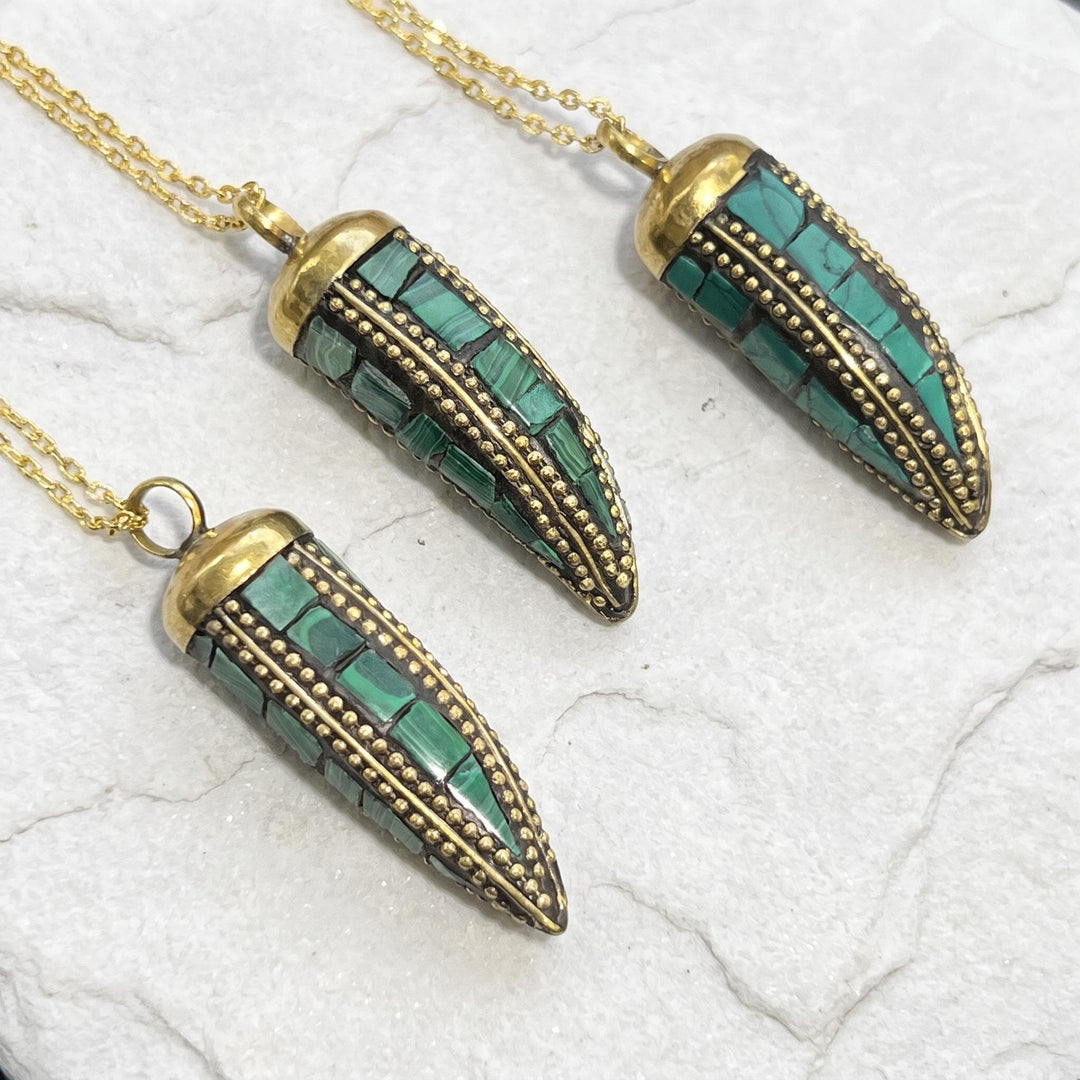 Tibetan Horn Pendant Faux Malachite Brass (Free 30" Chain)