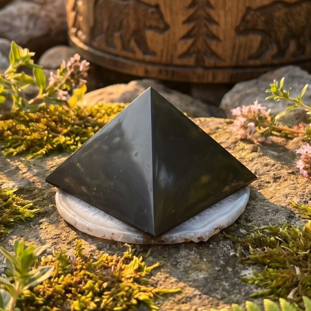 Black Karelian Shungite Pyramid Polished (Type 2) Carving