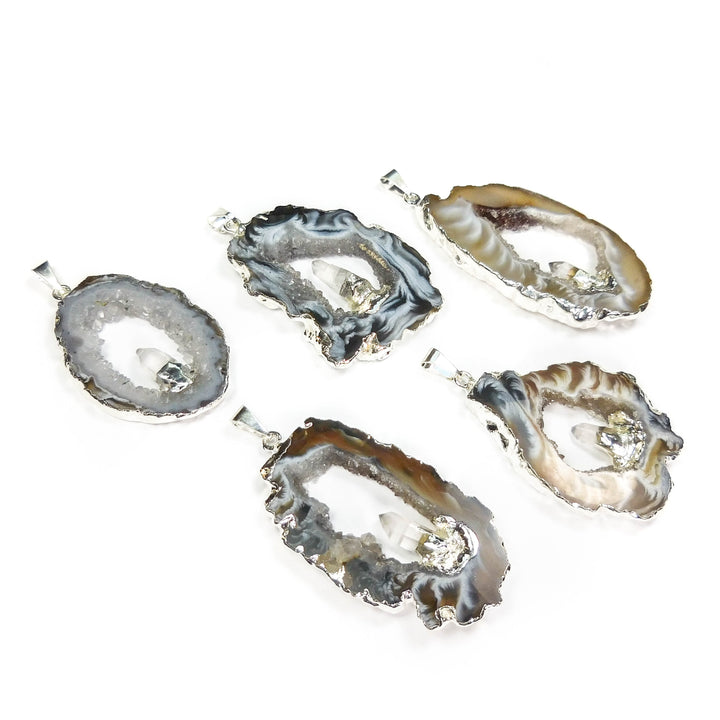 Bulk Wholesale Lot Of 5 Pieces Oco Geode Druzy w/ Quartz Silver Plated Pendant Charm Bead Necklace Supply