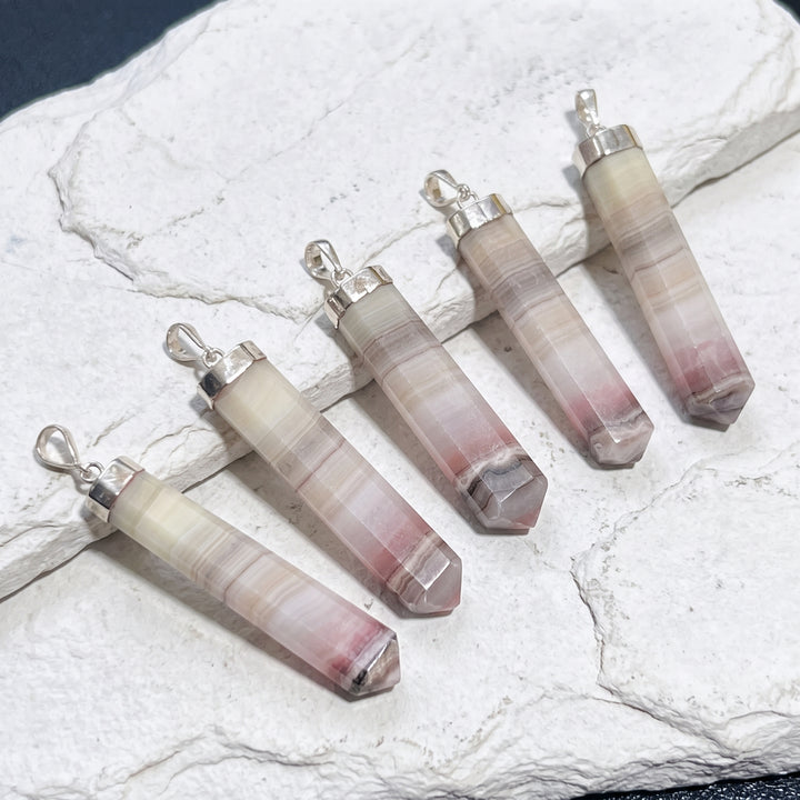 Pink Banded Calcite Crystal Point Pendant (925 Sterling Silver)