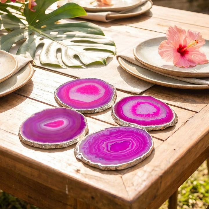 Pink Agate Slice Coasters Silver Dipped Plated (3 to 3.5 Inches)