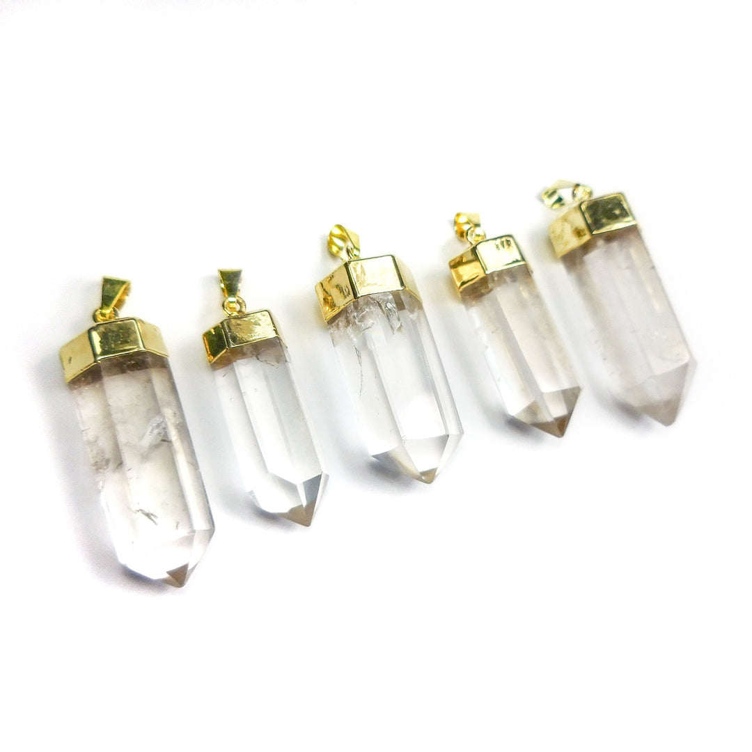 Bulk Wholesale Lot Of 5 Pieces Faceted Clear Quartz Crystal Points Gold Pendant Charm Bead Necklace Supply