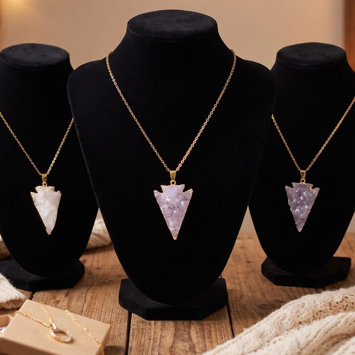 Agate Druzy Crystal Arrowhead Pendant (Gold Dipped Edges)