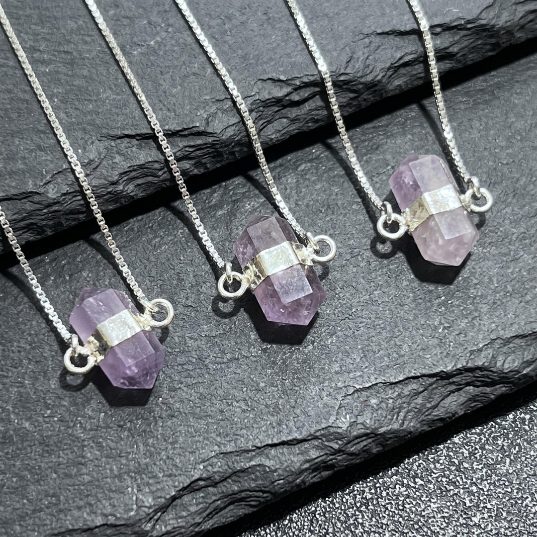 Amethyst Crystal Petite Double Terminated Point Pendant Necklace (16 Inch Silver Plated Chain)