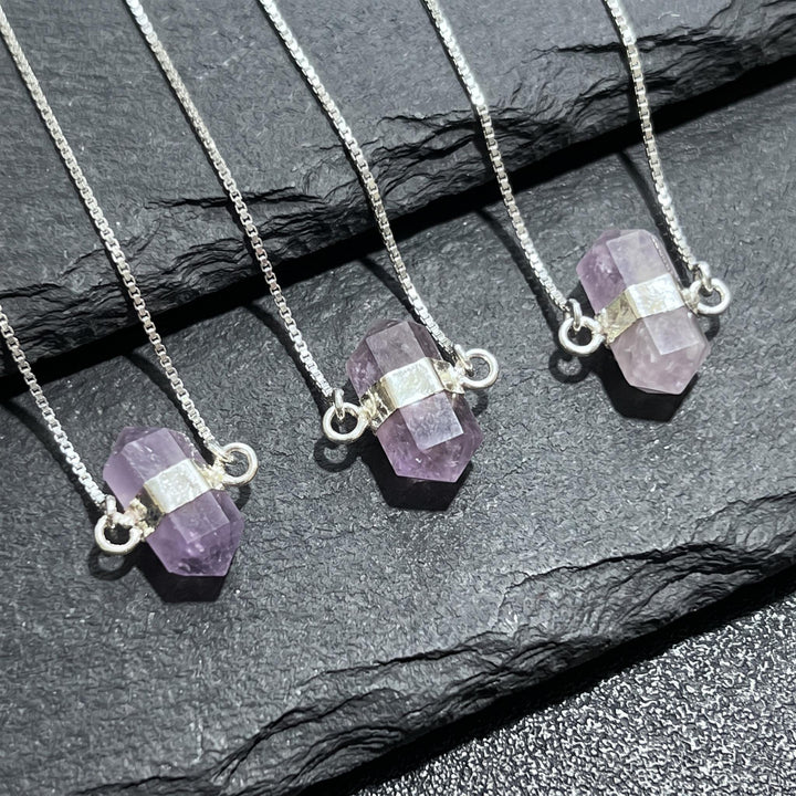 Amethyst Crystal Petite Double Terminated Point Pendant Necklace (16 Inch Silver Plated Chain)