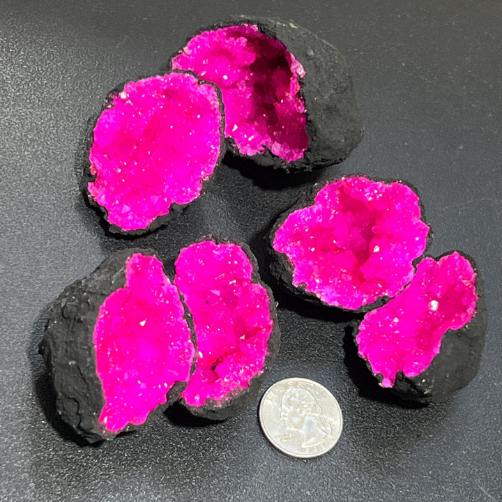 Matching Broken Quartz Aura Crystal Rough Geode Pairs with Dyed Pink Coating