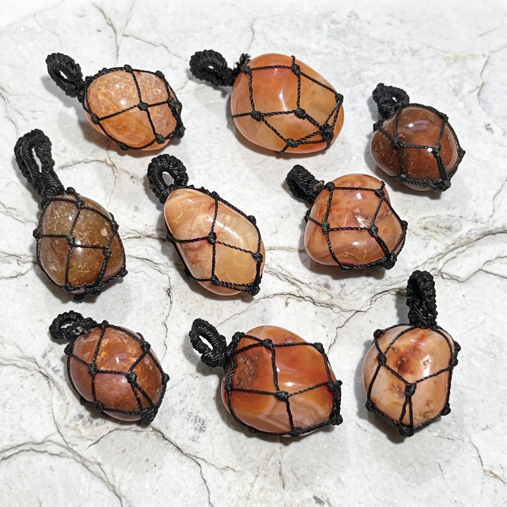 Red Carnelian Agate Crystal Pendant (Fish Net Wrap)