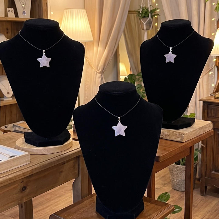 Pink Rose Quartz Crystal Star Pendant Silver Plated Bail