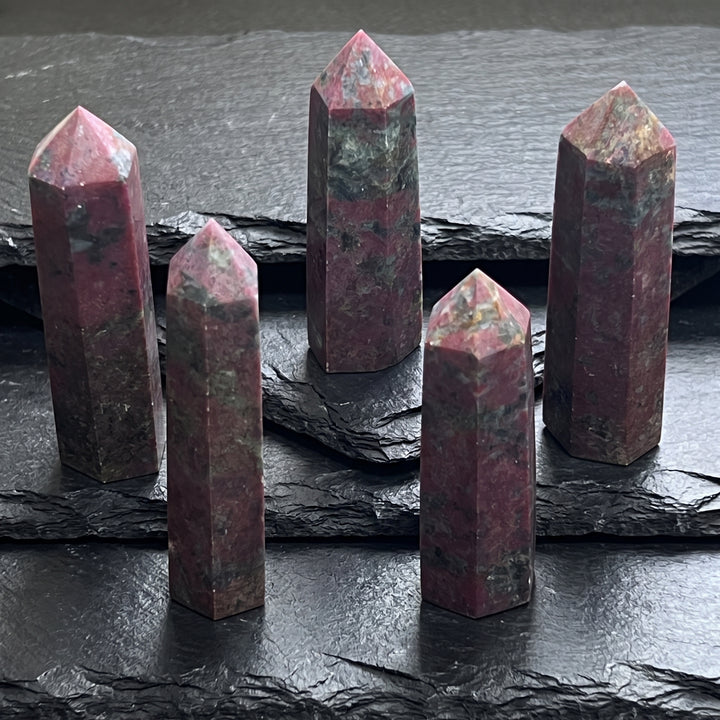 Red Ruby With Fuchsite Crystal Standing Tower Obelisk Point (UV Reactive) Carving