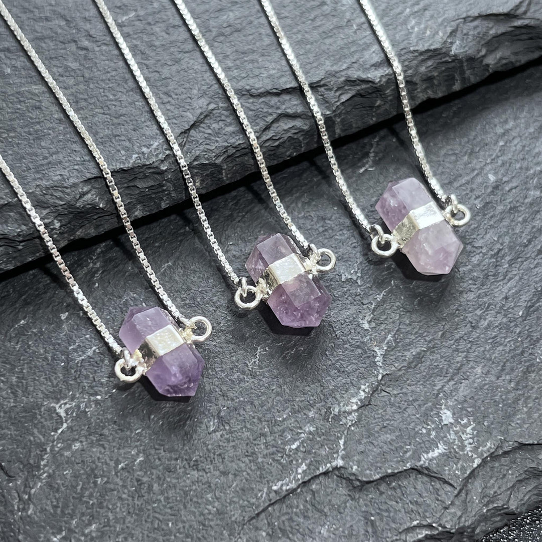Amethyst Crystal Petite Double Terminated Point Pendant Necklace (16 Inch Silver Plated Chain)