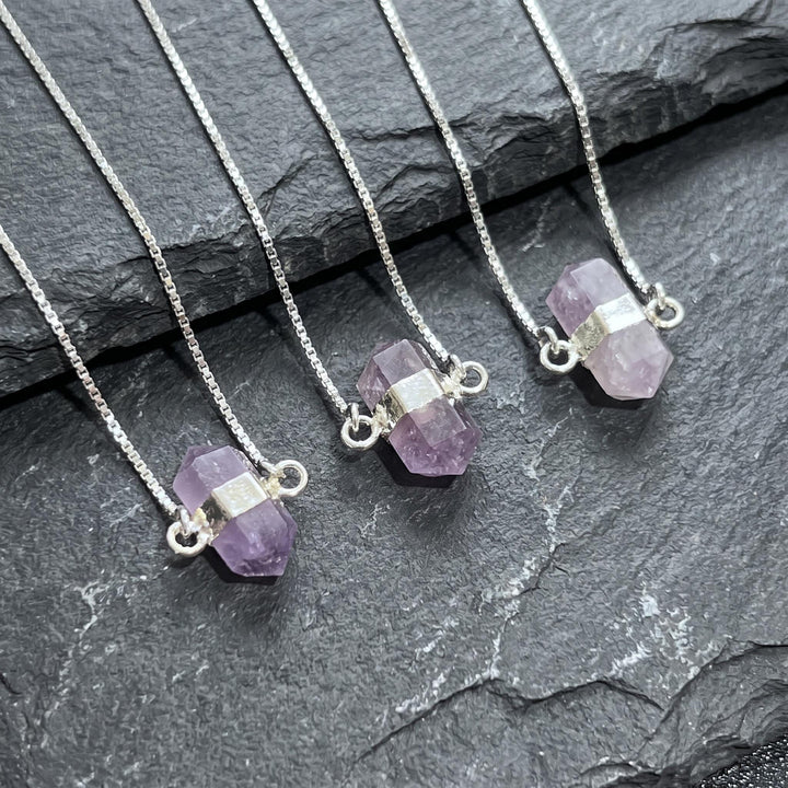 Amethyst Crystal Petite Double Terminated Point Pendant Necklace (16 Inch Silver Plated Chain)