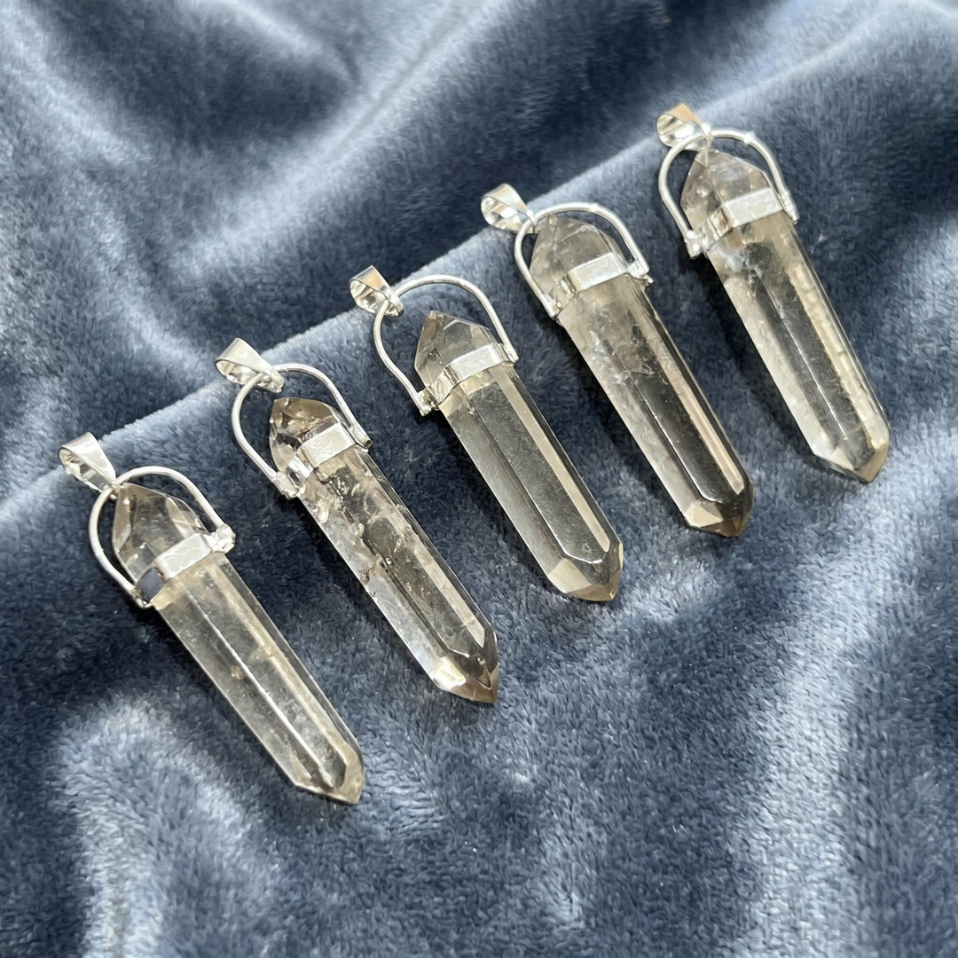 Smoky Quartz Crystal Faceted Point Pendant (Silver Plated)