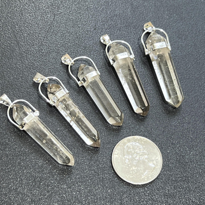 Smoky Quartz Crystal Faceted Point Pendant (Silver Plated)