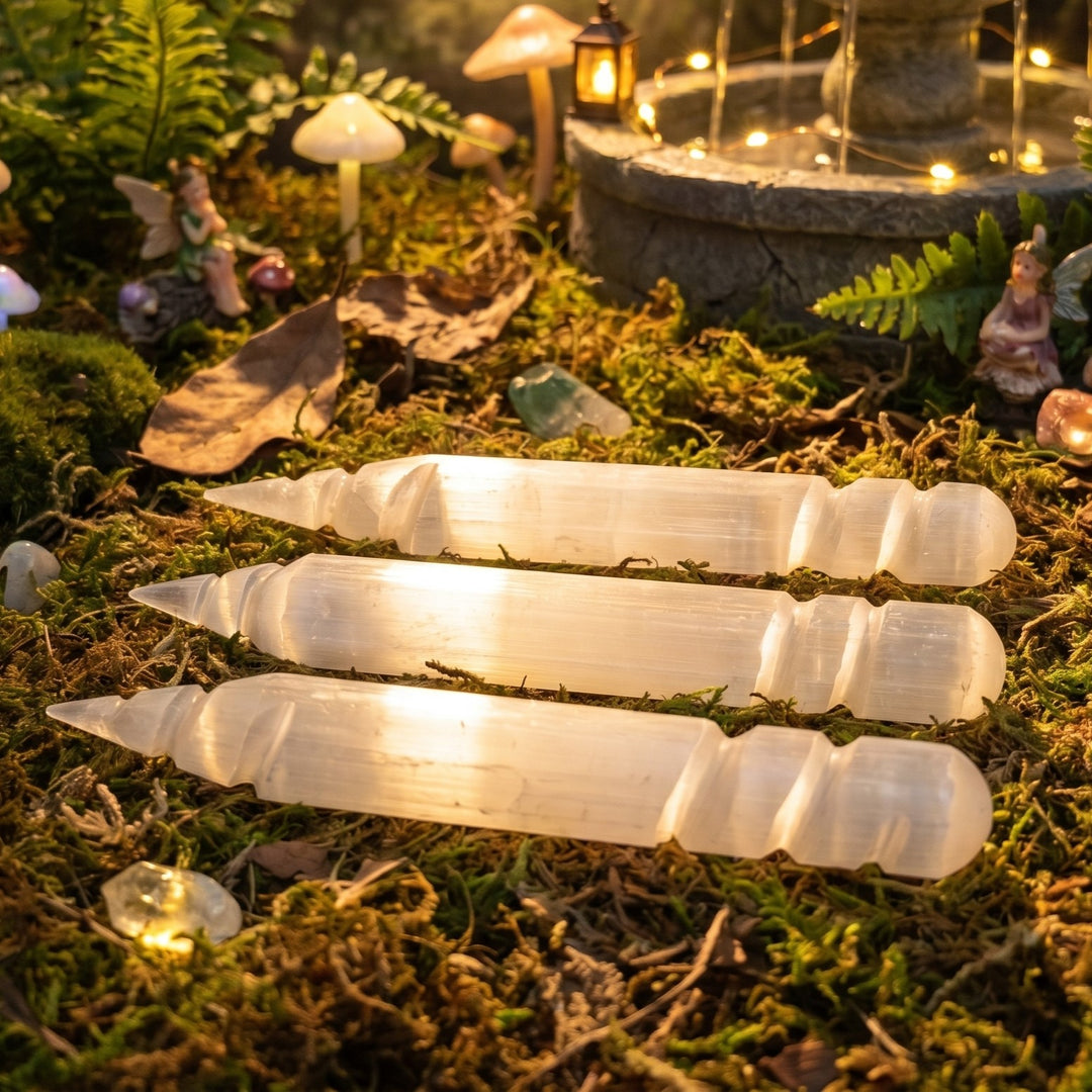 Selenite Satin Spar Crystal Wand Spiral Point Carving (6 Inches)