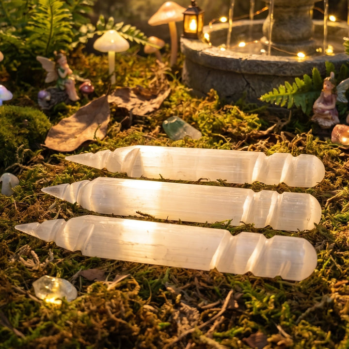 Selenite Satin Spar Crystal Wand Spiral Point Carving (6 Inches)