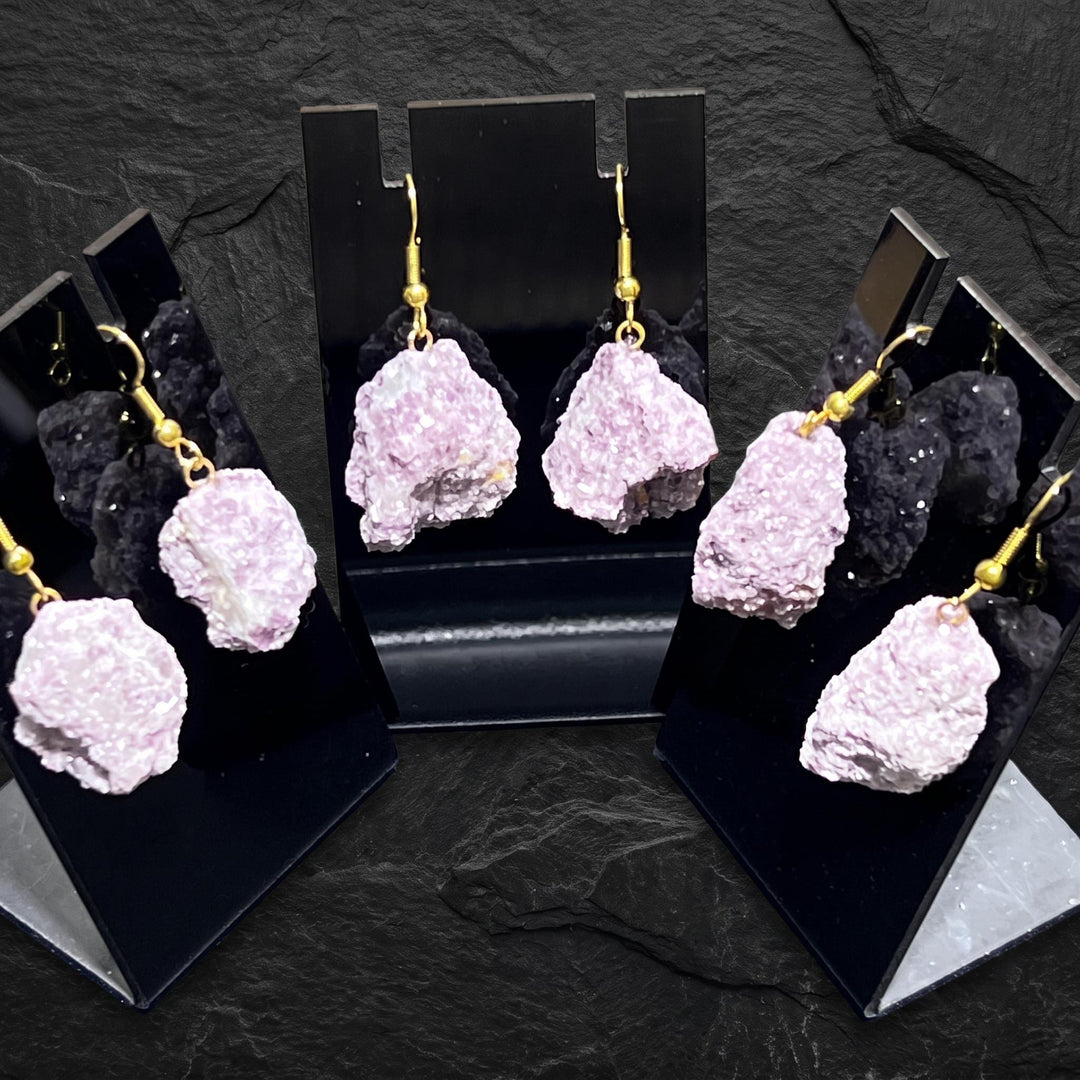Lilac Lepidolite Raw Crystal Earrings Pair (Gold Stainless Steel Hooks)