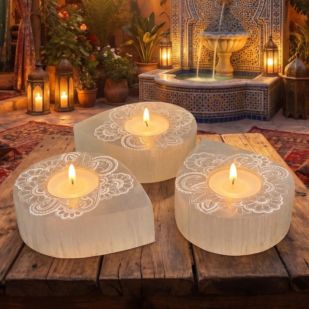 Selenite Satin Spar Crystal Mandala Tealight Candle Carving