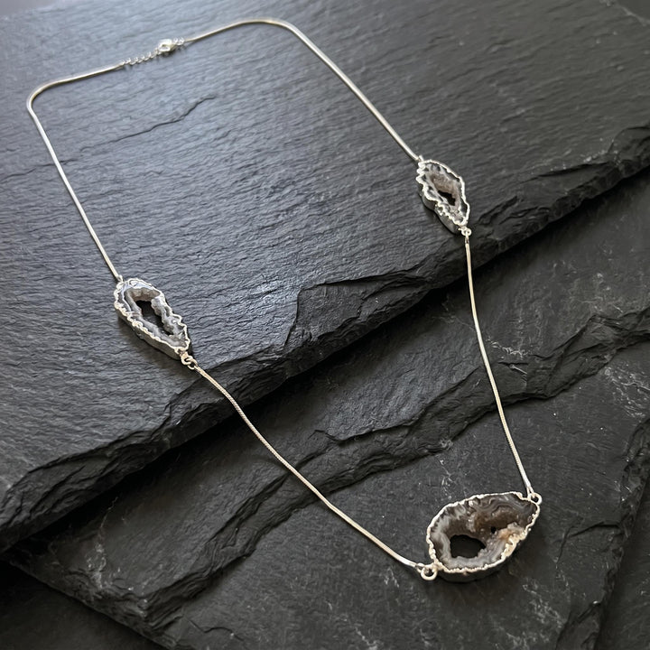 Oco Geode Druzy Crystal Long 35 Inch Necklace with Pendant (Silver Plated Snake Chain)
