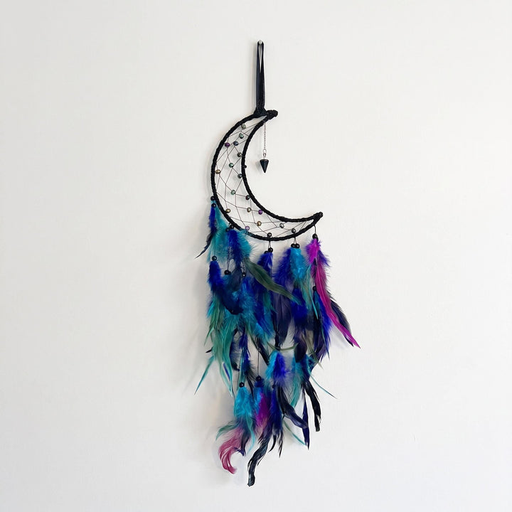 Moon Shaped Dreamcatcher with Black Frame and Purple Blue Feathers (24 Inches)