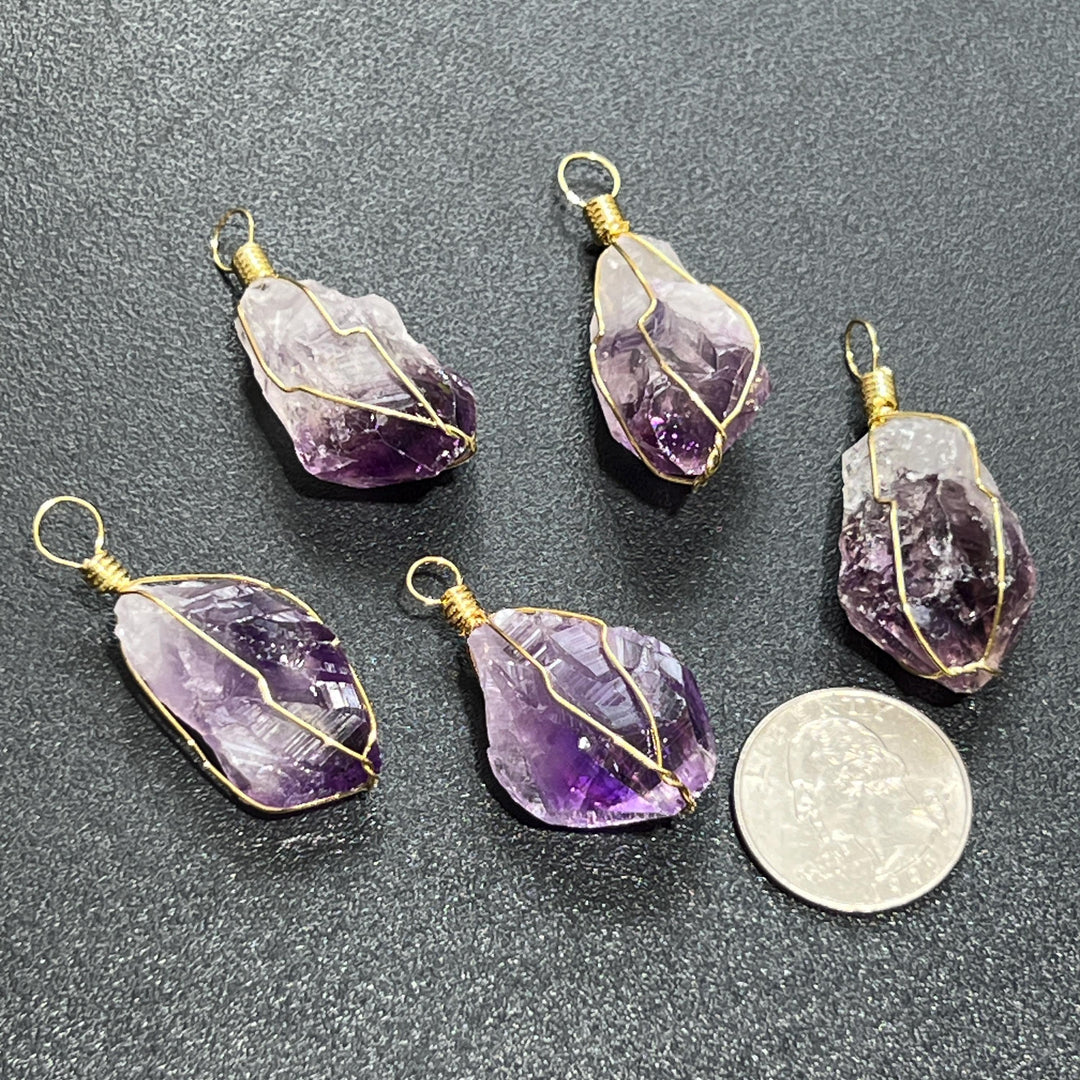 Amethyst Crystal Raw Point Pendant (Gold Plated Wire Wrapped)