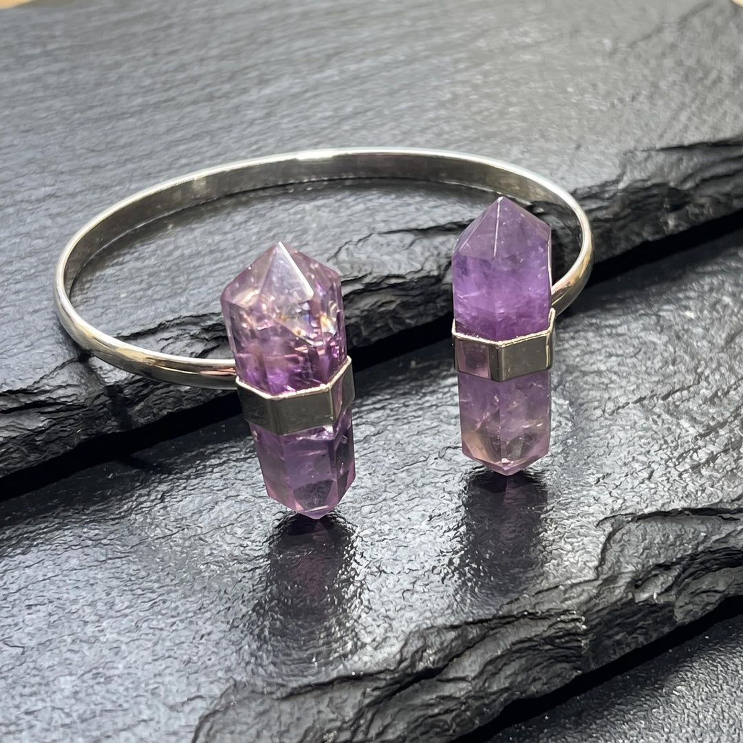 Amethyst Crystal Point Adjustable Cuff Bangle Bracelet (Silver Electroplated)