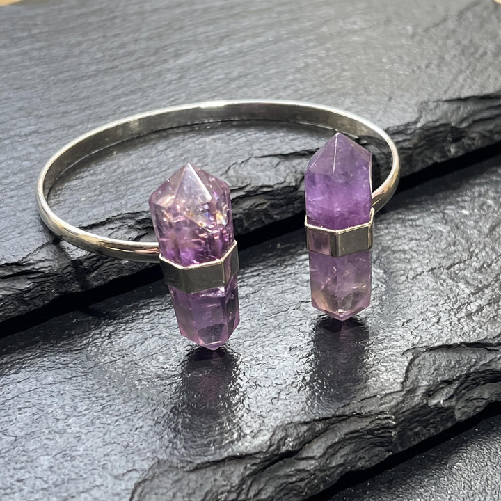 Amethyst Crystal Point Adjustable Cuff Bangle Bracelet (Silver Electroplated)