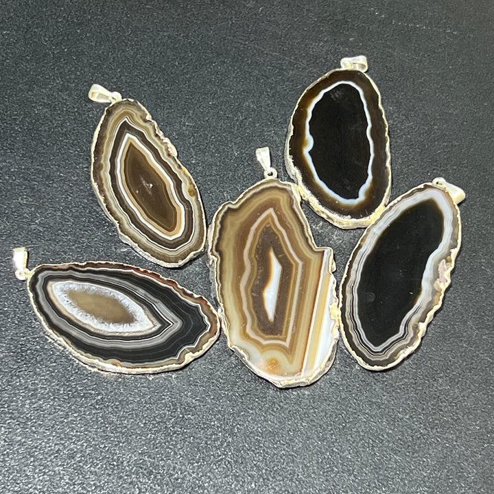 Agate Slice Pendants (Black / Brown)(Silver Edges) Wholesale
