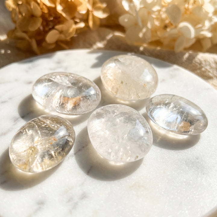 Clear Quartz Crystal Palm Stone Carving