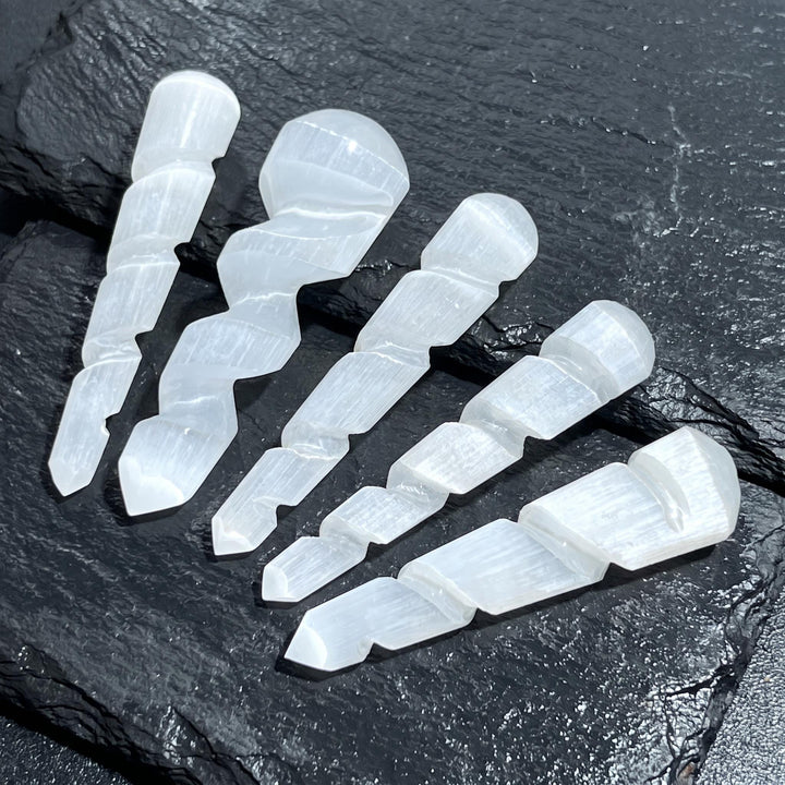 Selenite Satin Spar Crystal Spiral Unicorn Wand Carving