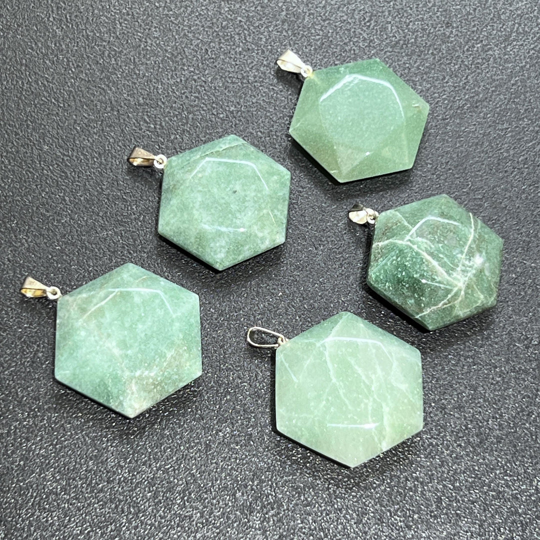 Green Aventurine Hexagon Faceted Crystal Pendant (Silver Bail)