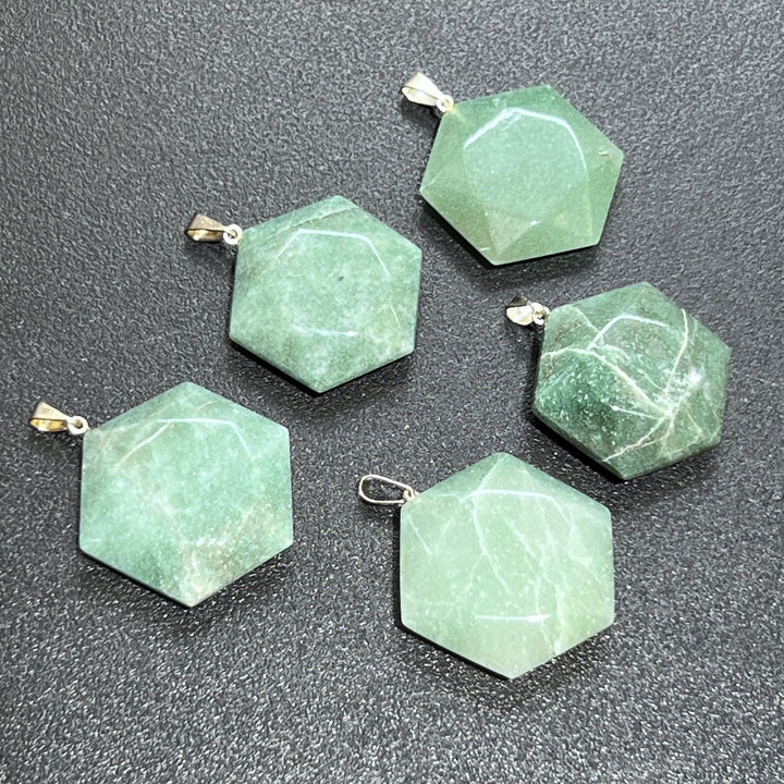 Green Aventurine Hexagon Faceted Crystal Pendant (Silver Bail)